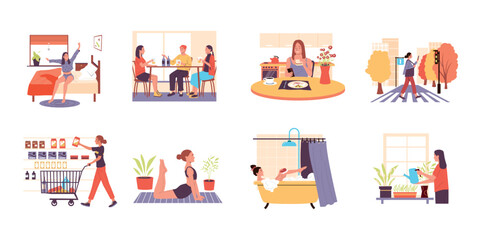Woman everyday life. Cartoon girl daily routine scenes, female person shopping, have lunch, spending time with friends, relaxing and doing yoga. Vector isolated set