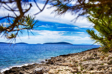 Fototapeta na wymiar aussicht von einer Insel in Kroatien unter nadelbaum