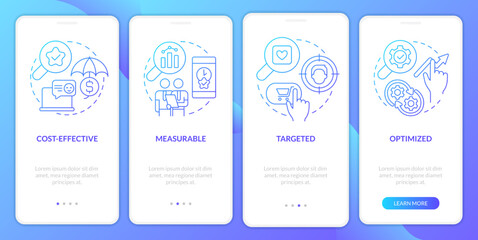 Digital advertising advantages blue gradient onboarding mobile app screen. Walkthrough 4 steps graphic instructions with linear concepts. UI, UX, GUI template. Myriad Pro-Bold, Regular fonts used