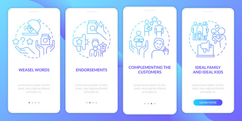 Marketing campaign techniques blue gradient onboarding mobile app screen. Walkthrough 4 steps graphic instructions with linear concepts. UI, UX, GUI template. Myriad Pro-Bold, Regular fonts used