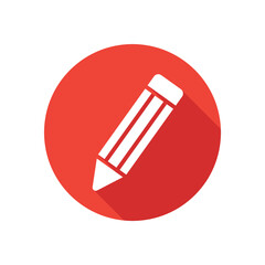 Pencil flat icon on round button in long shadow style.