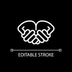 Begging hands pixel perfect white linear icon for dark theme. Asking for help. Body language. Communication. Thin line illustration. Isolated symbol for night mode. Editable stroke. Arial font used