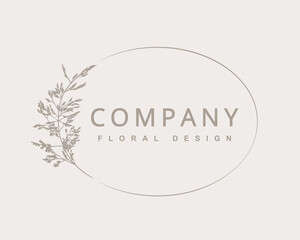 Elegant hand drawn floral frame. Logo template with flowers. Wreath. Delicate botanical trendy vector illustration for labels, branding business identity, wedding invitation