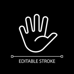 Hand with splayed fingers pixel perfect white linear icon for dark theme. Communication. Body language. Thin line illustration. Isolated symbol for night mode. Editable stroke. Arial font used