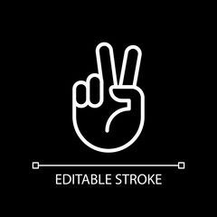 Peace sign pixel perfect white linear icon for dark theme. Pacifistic hand gesture. Positive wish. Thin line illustration. Isolated symbol for night mode. Editable stroke. Arial font used