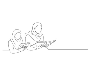 Cartoon of muslim mother and daughter with a headscarf read the Quran together. Line art style
