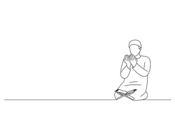 Fototapeta na wymiar Drawing of silhouette of muslim man having worship and praying. Line art style