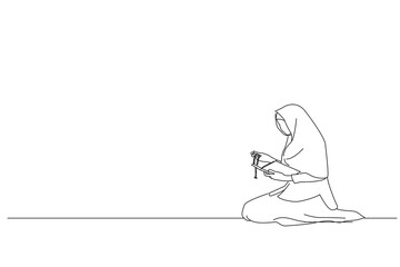 Illustration of muslim woman praying. Outline drawing style art