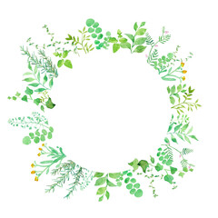 春の草花の水彩イラスト。グリーンリーフの囲みフレーム。円形。（透過背景）