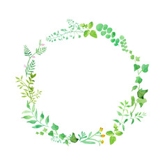 グリーンの草花の丸型フレーム。　水彩イラスト（透過背景）
