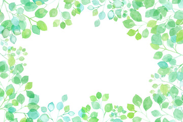 新緑の木漏れ日のフレーム。水彩イラスト（透過背景）