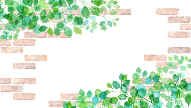 ナチュラルなレンガの壁を背景にした新緑の水彩イラスト。春のボタニカル装飾フレーム。背景、壁紙。（透過背景）