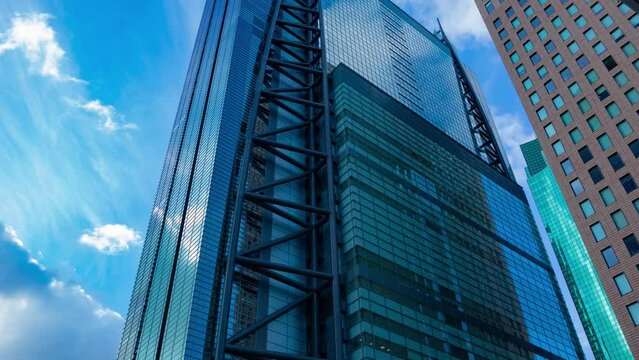 A timelapse of cloud reflecting the building in the business town wide shot zoom