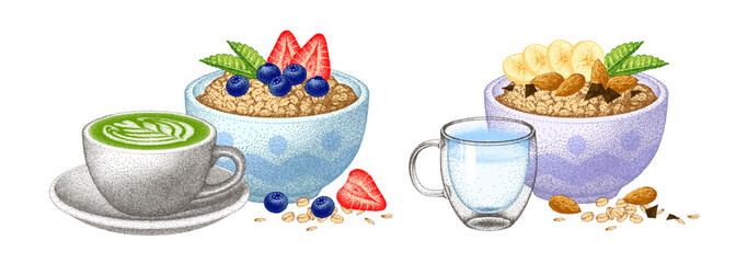 Set of healthy breakfasts, berry and fruits. Oatmeal porridge. Matcha latte and milk or yogurt. Granola bowl. Muesli flakes, oat grain. Vector sketch.