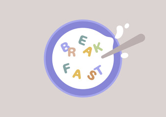 A top view of a bowl with milk and colorful cereals shaped as letters, a breakfast concept