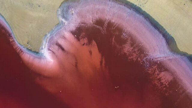 Salty Pink Lake Kayashskoe in Crimea as seen from a drone