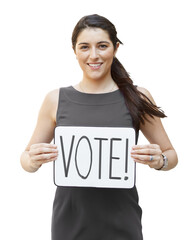 A smiling young woman holding a 'VOTE' sign.