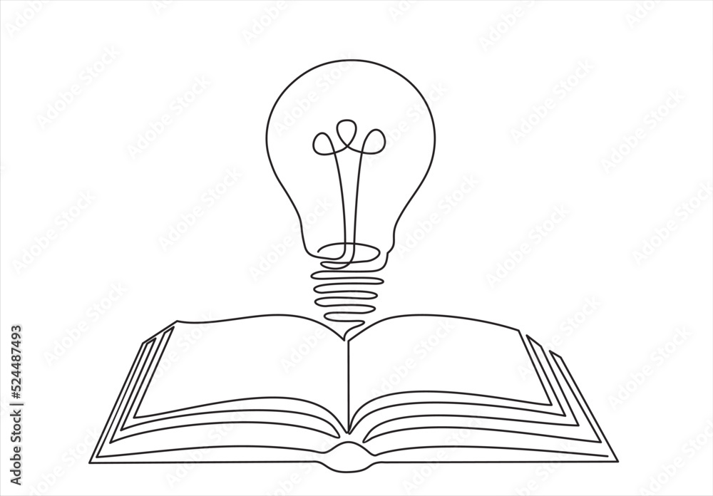 Poster one single line drawing of shining light bulb above open text book logo identity. continuous line dr