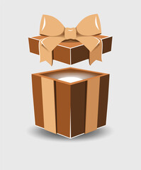 Open gift box with a surprise and a ribbon bow on a gray background.
   Realistic vector icon for gift,
   birthday or wedding banners