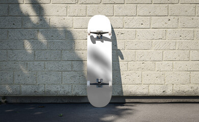 Skateboard deck template, empty space for your graphic. PNG format - transparent is only a deck painting - isolated on brick wall. © guteksk7