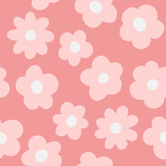 Pink Cartoon Flowers Background, Seamless Pattern Vector. Simple Modern Floral Print Design.