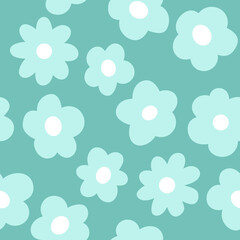 Turquoise Cartoon Flowers Background, Seamless Pattern Vector. Simple Modern Floral Print Design.