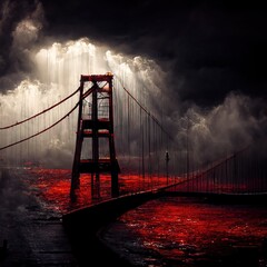 A 3D Illustration of a red bridge standing in the dark cloudy weather near the river