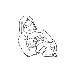 Breastfeeding regulations. Mom and baby together. Infographics for starting baby feeding. Breastfeeding support. Different mothers feed the baby.How to hold a newborn baby. Contour drawing.