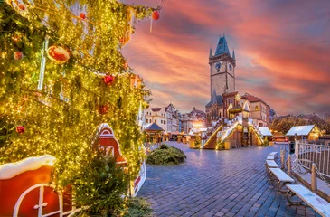Fotobehang Beautiful Christmas market in the winter holiday, in Prague, Europe © cristianbalate