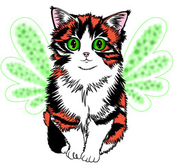Fairy little three colored kitten with big green eyes and fairy wings is sitting isolated on the wight background.