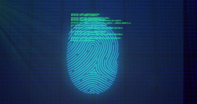 Animation of data processing over fingerprint icon on blue background
