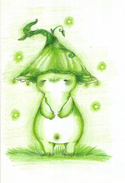Positive illustration. Green mushroom illustration. Traditional art. Collection of rainbow mushrooms