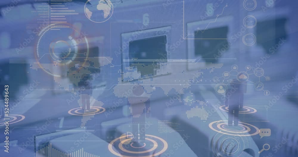 Poster animation of data processing over network of connections with icons and scope scanning