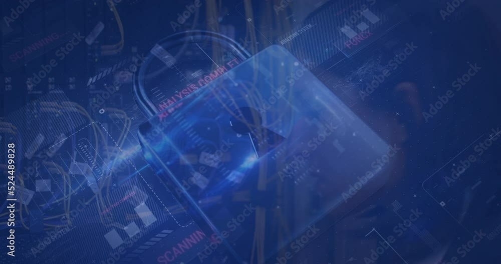 Poster animation of cyber security data processing over caucasian female engineer working at server room