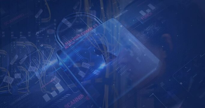 Animation of cyber security data processing over caucasian female engineer working at server room