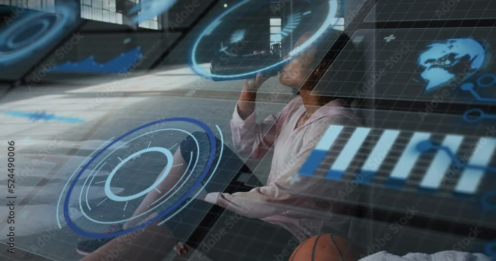 Poster animation of scope scanning and data processing over african american at gym