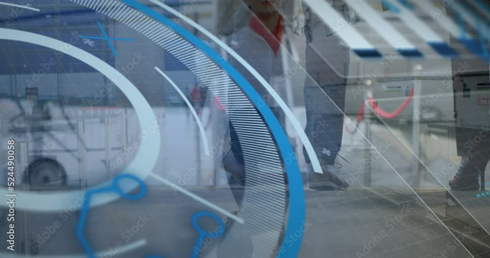 Poster animation of scope scanning and data processing over diverse people at airport