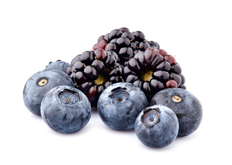 Blueberries and blackberries  Isolated on White Background. Ripe berries closeup.