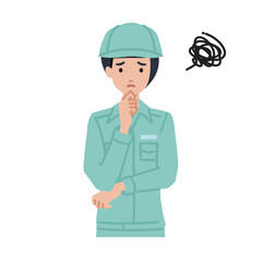 立って手をあごにあてて困っている作業員の女性