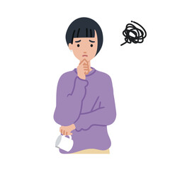 立って手をあごにあてて困っているリモートワークの女性