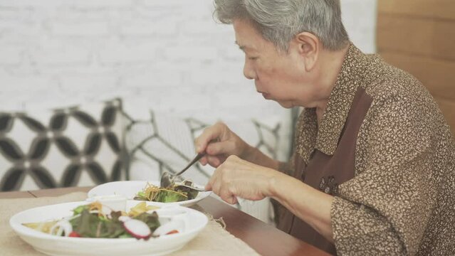 Old Elderly Senior Elder Woman Eating Grilled Salmon Fish Fillet With Vegetable. Mature Retirement Lifestyle