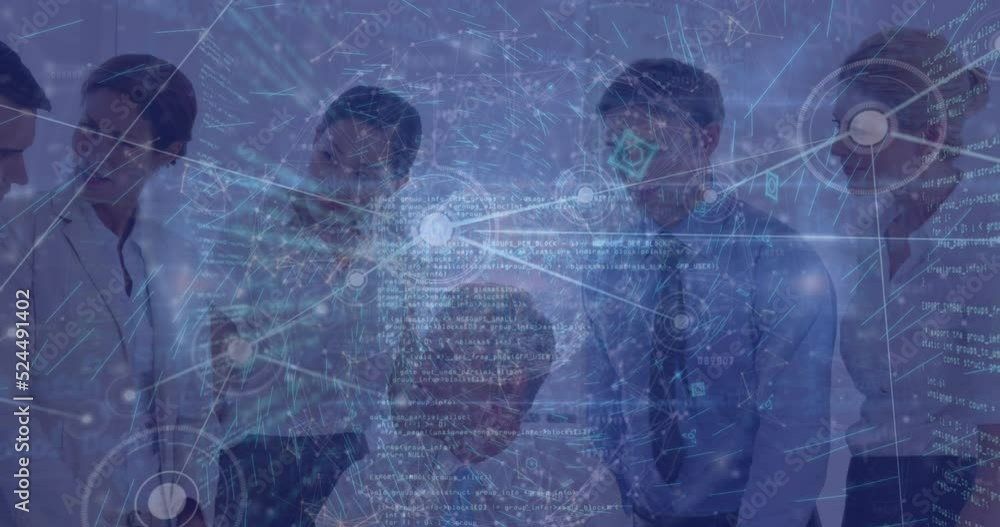 Poster animation of computer language and globe over multiracial coworkers discussing with boss in office