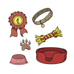 A set of colored icons, red accessories for dogs, vector cartoon