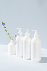 Set of dispenser bottles for soap and shampoo. shampoo bottle without logo