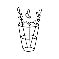 Monochrome illustration, Simple twigs with autumn leaves in a tall glass vase, vector cartoon