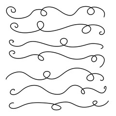 A collection of vector dividers with curls, hand-drawn with a black line