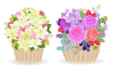 Fototapeta na wymiar collection of gift wicker baskets with bunches of beautiful flow