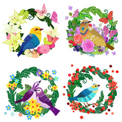 lovely collection of floral wreath with cute birds and flowers.