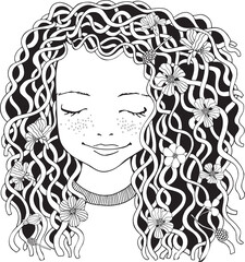 Cute girl. Coloring book page for adult. Hand drawn baby girl with long curly hair and flowers. Black and white.  Spring flowers. Line art