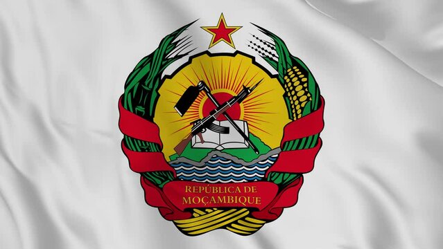Mozambique national emblem or symbol  in waving flag. smooth 4k video seemless loop